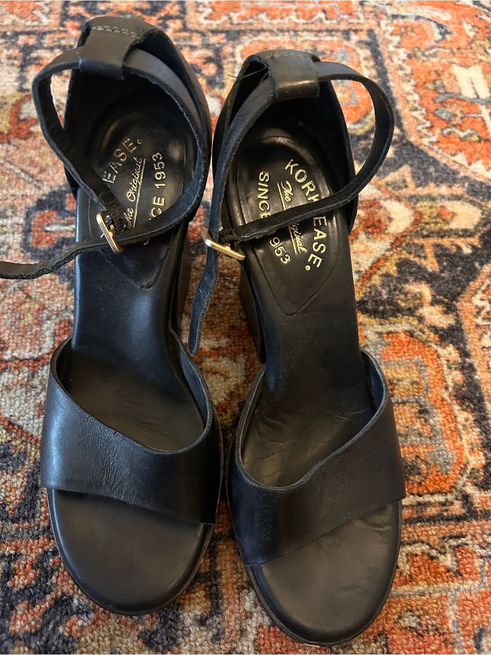 Kork-Ease Black Leather Ankle-Strap Sandals